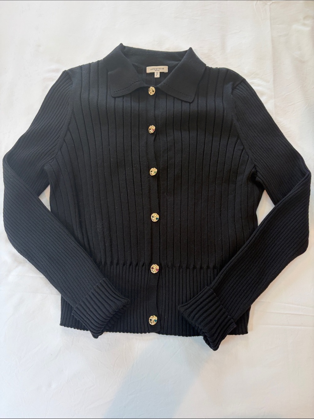 Lafayette 148 Black Ribbed Button-Up Cardigan with Decorative Buttons, size xl